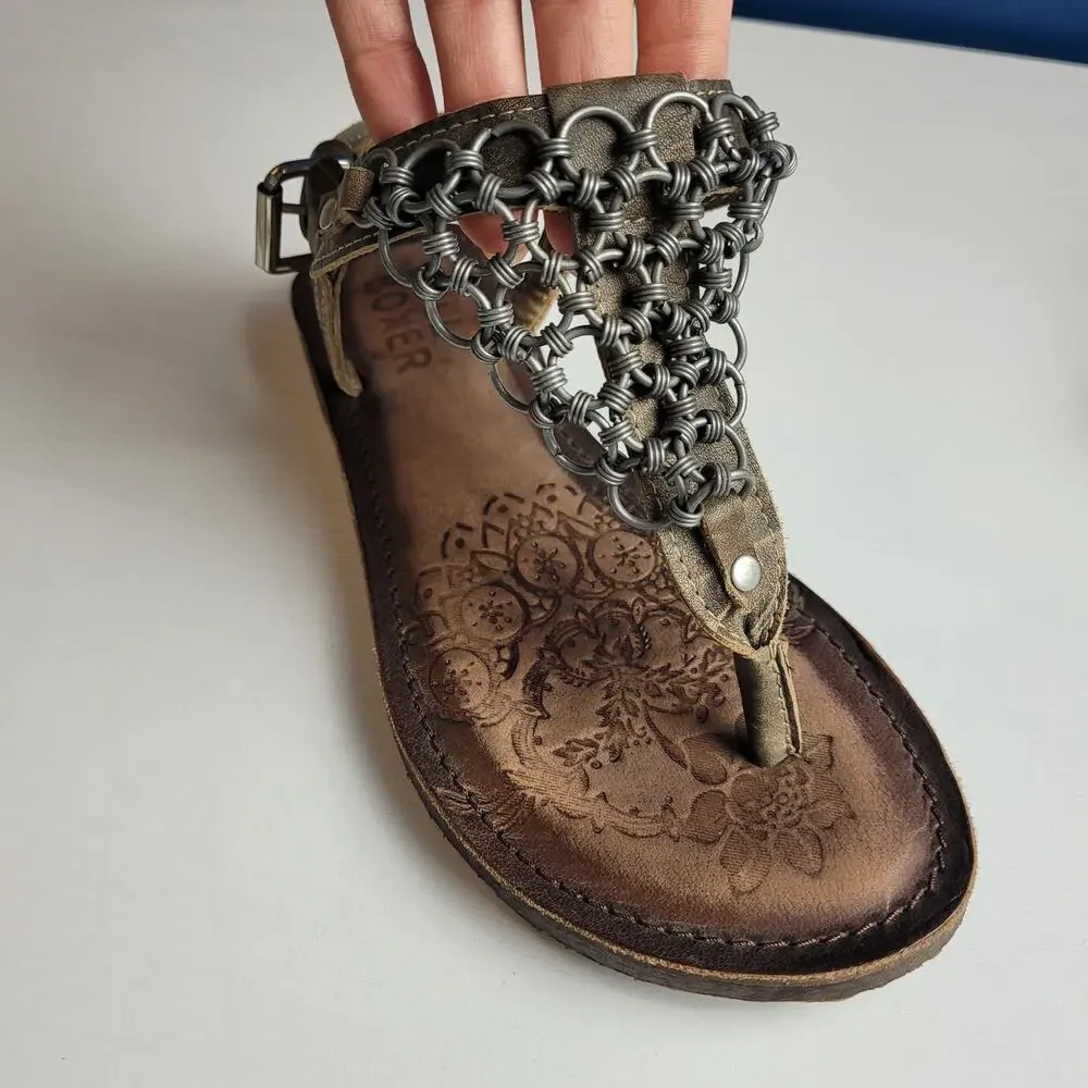 Bull Boxer Annalise Chain Sandals Leather Flats ‎ T-strap Thong Brown Boho